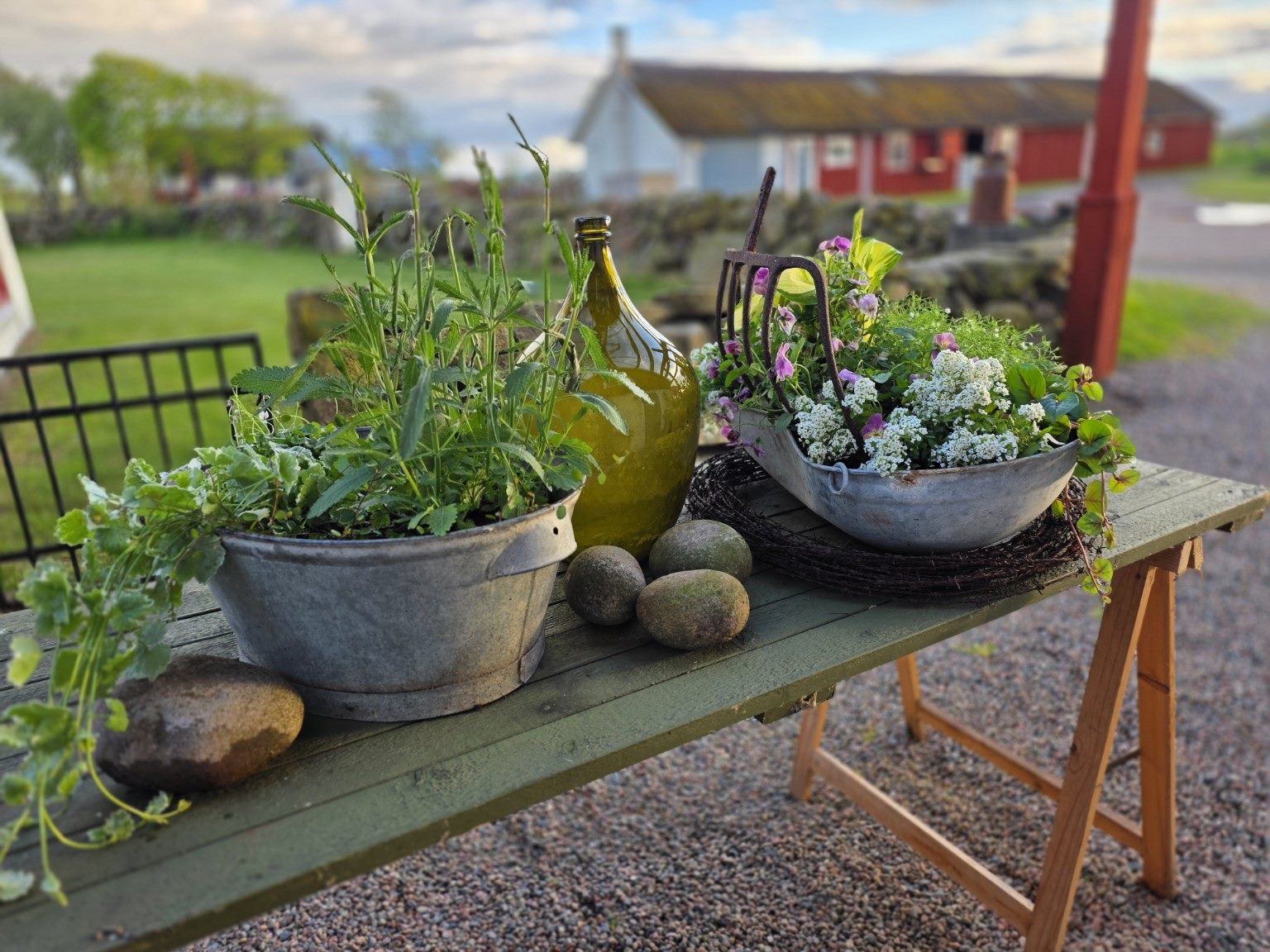 Zinkbaljor med sommarblommor och en gammal glasdemijohn på ett grönmålat bord, med gårdens hus i bakgrunden.